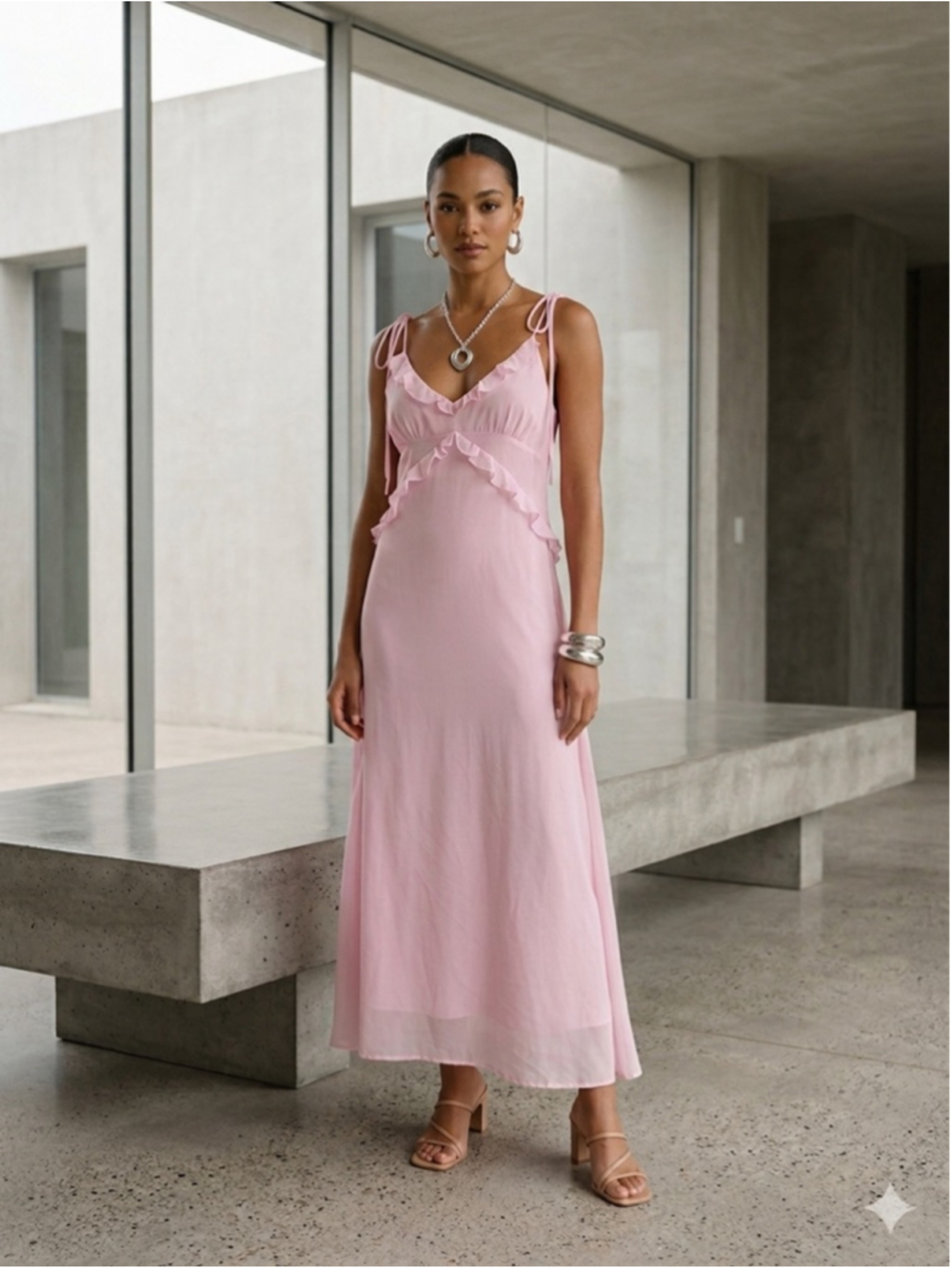 Cider Pink Ruffle Maxi Dress Chiffon Cottagecore Coquette Tie Shoulder Size XL